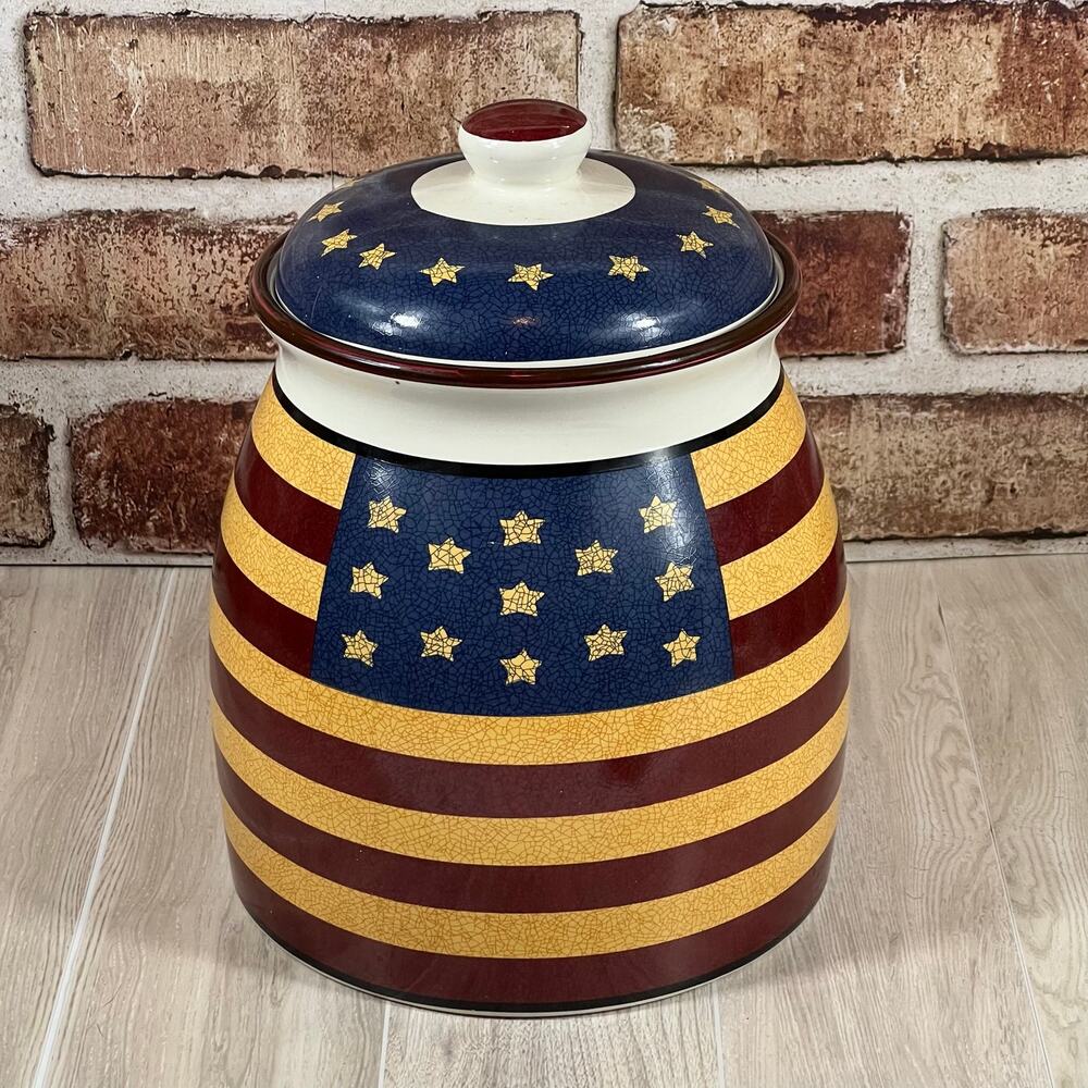 Liberty Cookie Jar Canister 10" H W/ Lid Jay Import Stoneware Red Whie Blue Flag